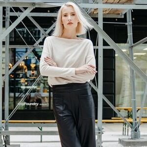 Clara Sunwoo Sweater‎ Womens L Bone Long Sleeve Boat Neck Side Ruched Pullover